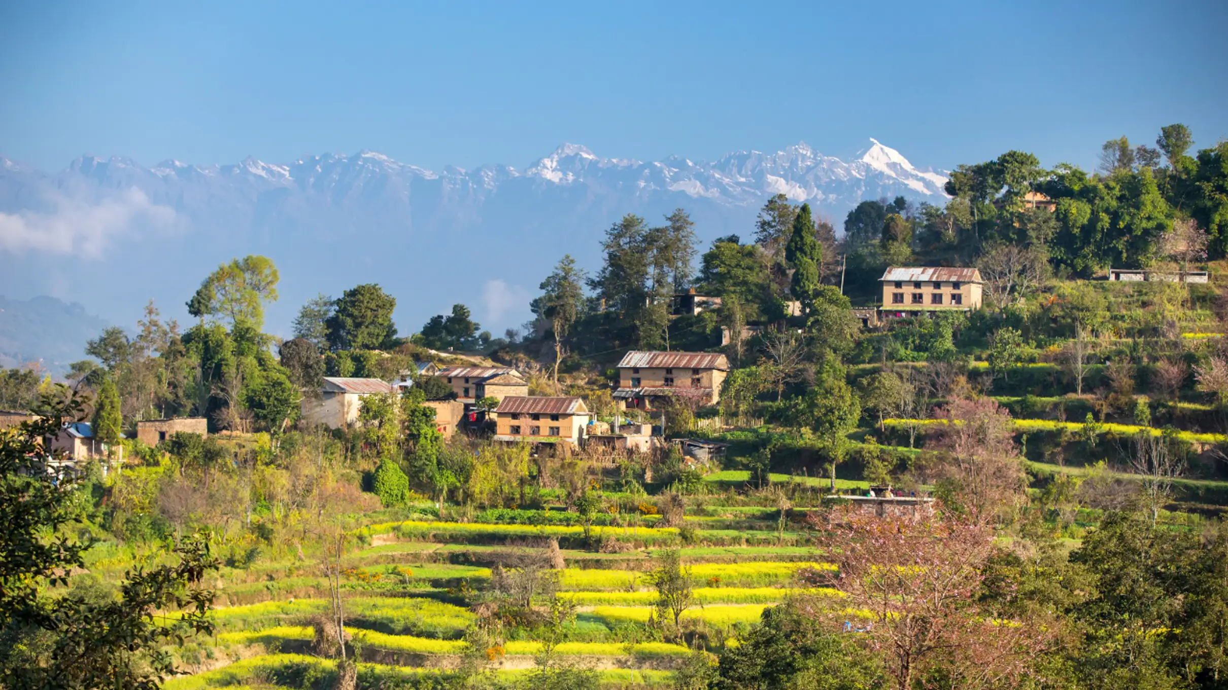 Traditional stone houses in a Nagarkot village on the Panoramic Hiking Trail route