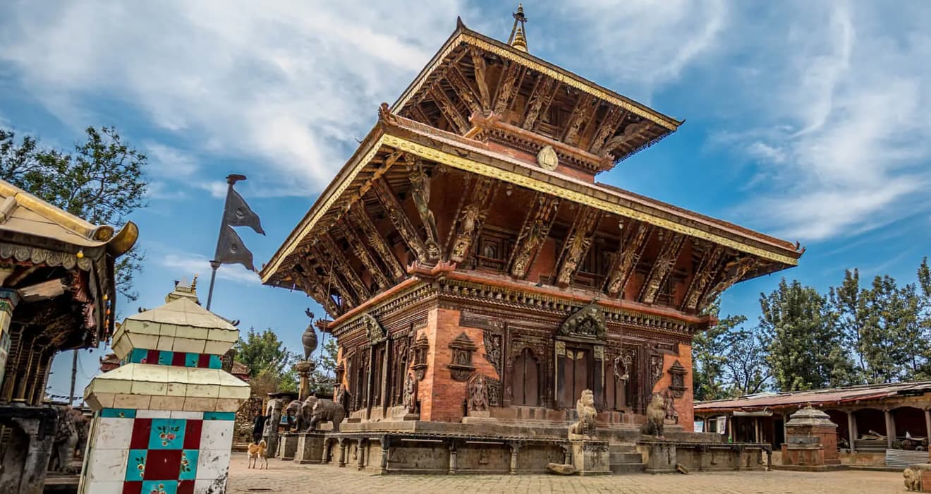 Changu Narayan Temple — wide view of the two-tiered pagoda and brick courtyard