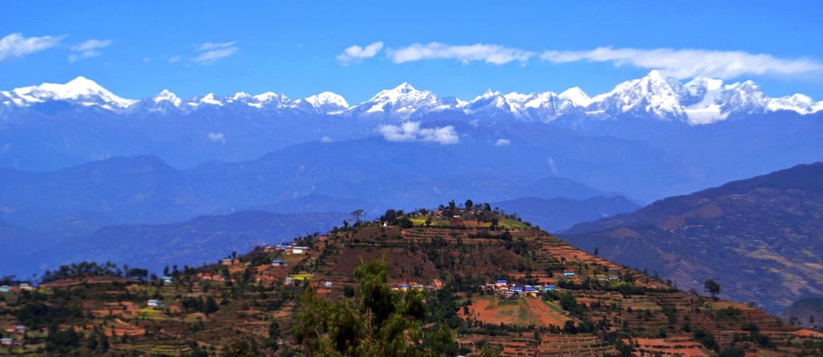 Newari hill town of Dhulikhel with Himalayan peaks on the horizon
