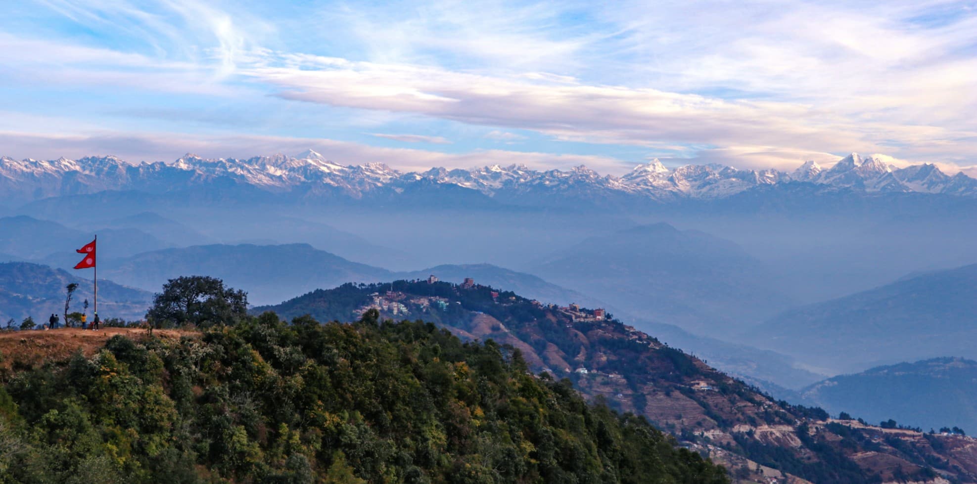 Valley rim trail between Nagarkot and Dhulikhel with Himalayan range visible to the north