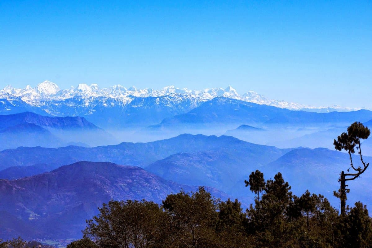 Pine forest trail on the Nagarkot Panoramic Loop with Himalayan peaks in the background