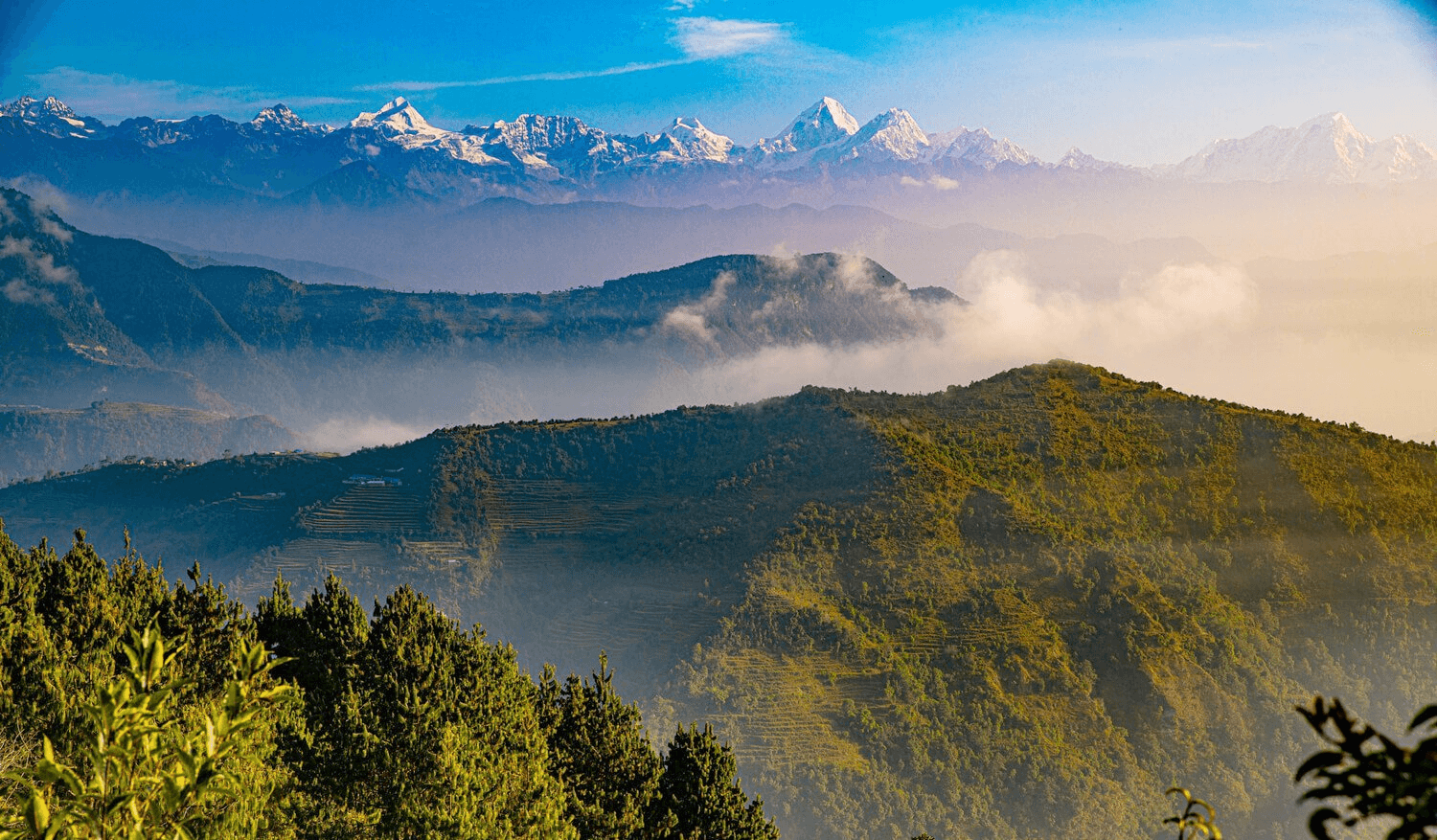Dense forest ridges and Langtang Himalayan views from the Nagarkot to Chisapani trail